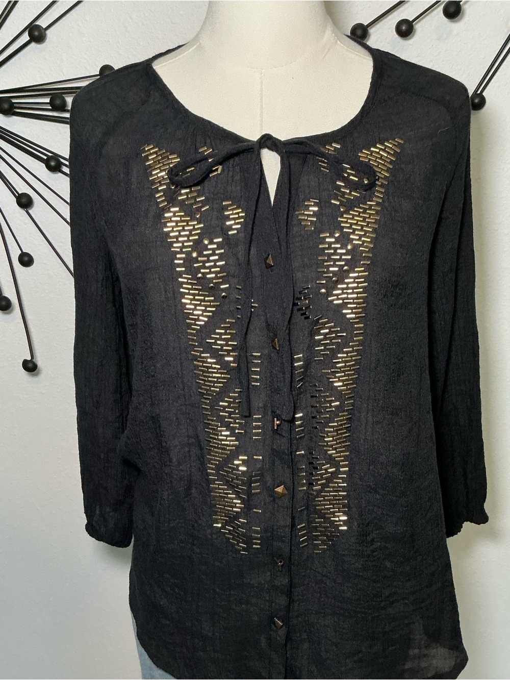 Black Boho Sheer Embellished Tie Front Blouse Size Medium - Picture 2 of 4